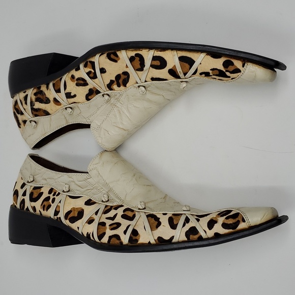 Fiesso Bone Leopard Hair Genuine Leather Loafer Shoes Pointed Toe F18027  Size 8 - Picture 8 of 11